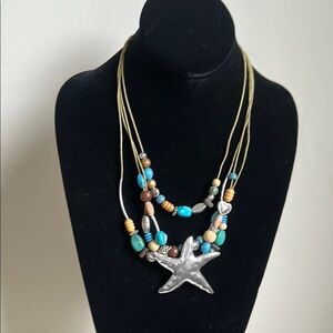 Multicolor Beaded Starfish Necklace 3-strand, wood, metal, stone adjustable
